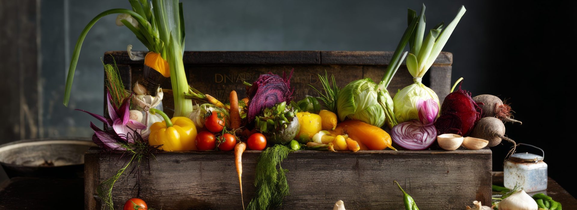Fresh Harvest Vegetable Medley on Rustic Wood Still Life Featuring Garlic Onions Tomatoes.