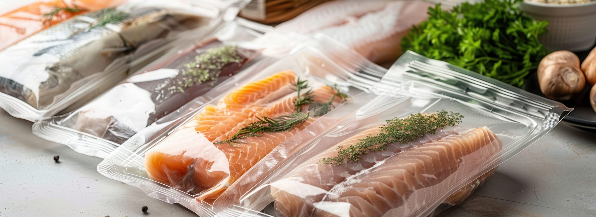 Vacuum-sealed fish displayed in eco-friendly packaging with clear labels for nutritional information, emphasizing freshness and sustainability. various fish types are showcased alongside herbs and fresh ingredients, ideal for culinary enthusiasts.